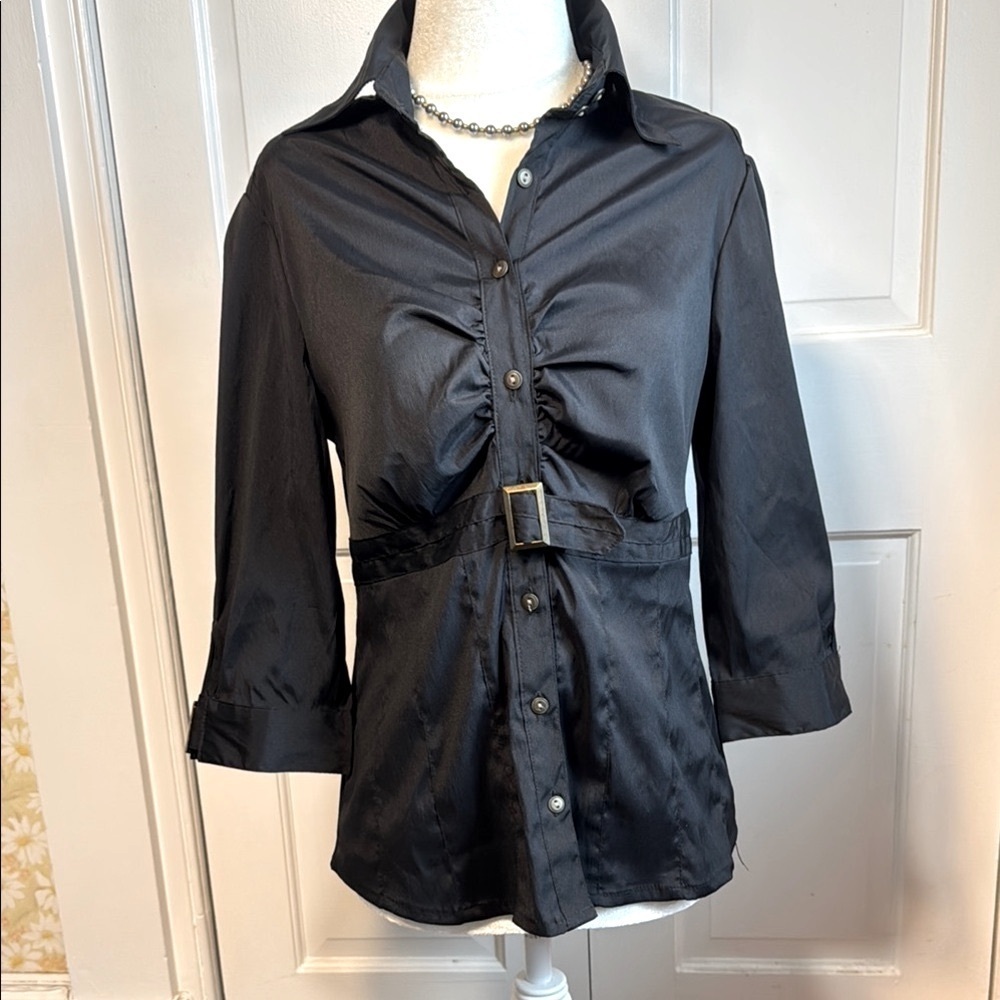 Antilia Femme Black 3/4 Sleeve Ruched Blouse